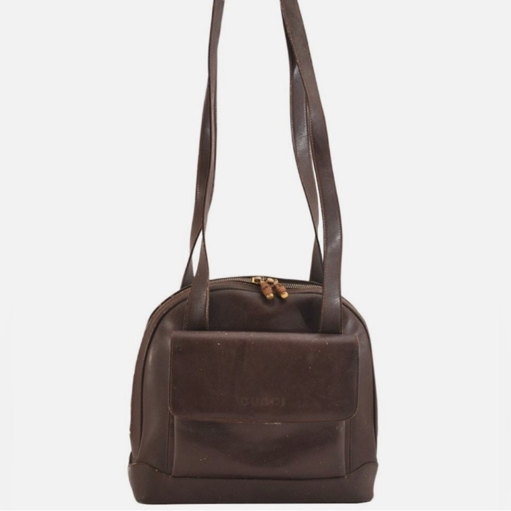 Authentic GUCCI Vintage Bamboo Shoulder Bag Purse Leather Brown